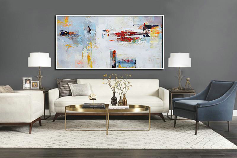 Original Extra Large Wall Art,Horizontal Palette Knife Contemporary Art Panoramic Canvas Painting,Bedroom Wall Decor,Grey,White,Red,Yellow.etc